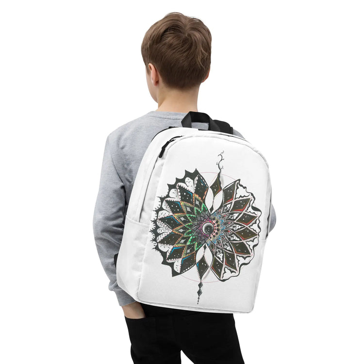 White youth backpack with colorful mandala artwork suitable for drawing and pencil use