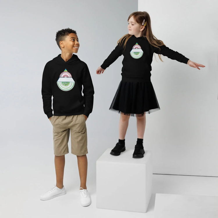Two children wearing black kids eco hoodie with colorful abstract design