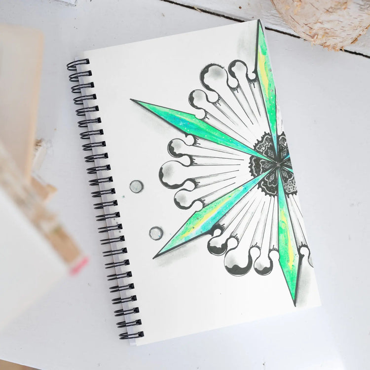 Spiral notebook featuring hand-drawn mandala artwork with watercolor accents and pencil outlines